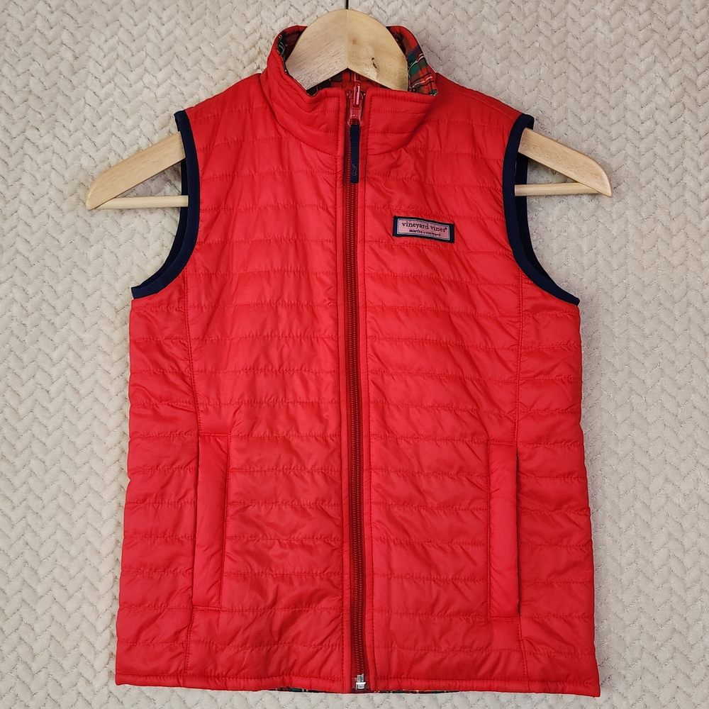 Vineyard Vines Red Plaid Reversible Kids Puffer Vest Girls Size Small 7-8
